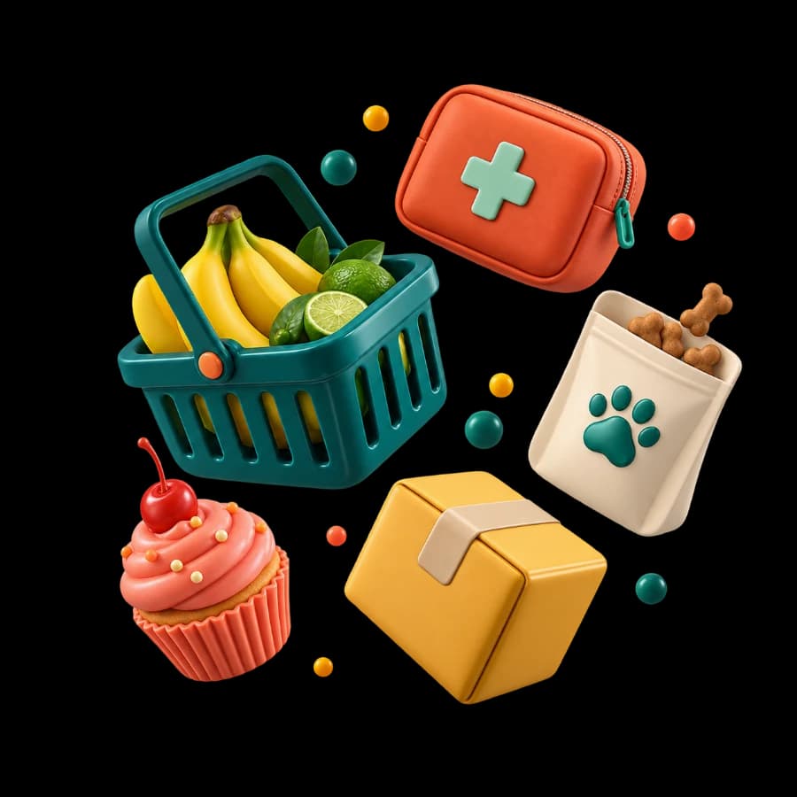Una canasta de mercado, un botiquín, comida de mascotas, un postre y un paquete